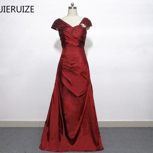 JIERUZIE Burgunday Tafffeta Evening Dresses Long Cap Sleeves Mother of the Bride Dresses Formal Dress robe de soiree