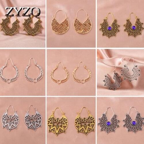 ZYZQ Ethnic Hollow Carved Drop Earrings Vintage Metal Geometric Women Earrings Fashion Cocktail Party Jewelry Wholesale