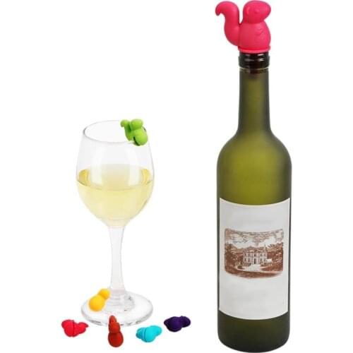 6pcs Squirrel Marker Charm Silicone Wine Glass Marker Charm Drinking Glass Identification Cup Labels Tag Signs with Wine Stoppe