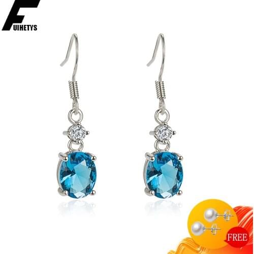 BaliJelry Trendy Women Earrings Silver 925 Jewelry Accessory Oval Sapphire Zircon Gemstone Drop Earring for Wedding Engagement