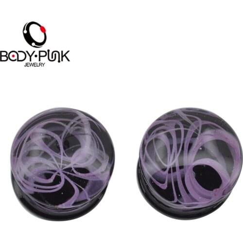 BODY PUNK New Purple Swril Glass Flesh Tunnel Double Flared Ear Plugs Fake Piercing Gauges 6mm-16mm Fashion Body Jewelry