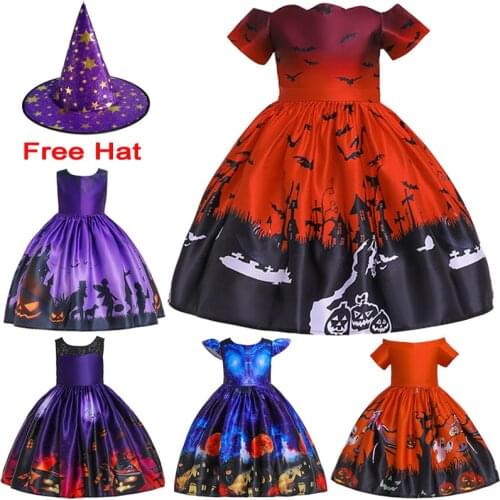 2021 new childrens pumpkin lantern masquerade dress Bat Castle Print Halloween Dress Festival Costume 3-10Years old