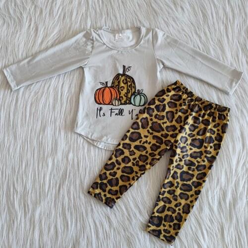 Halloween day children new design long sleeve Pumpkin Leopard long pants boutique clothing outfits for the baby girls wholesale