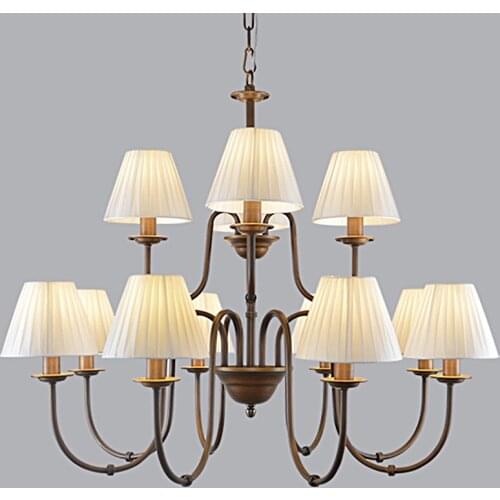 European and American country chandelier classic wrought iron living room bedroom lamp dining room fabric lampshade chandelier