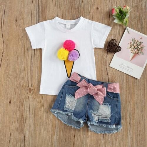 Kids Baby Girls Fashion 2-piece Outfit Set Short Sleeve Pompom Tops+Denim Shorts Set 1-6Y