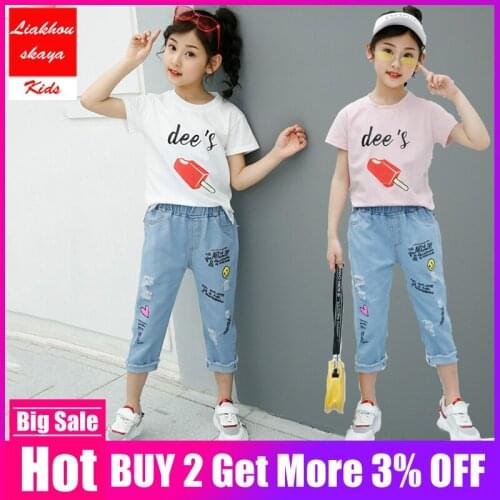 Liakhouskaya High Quality Teenage Girl Clothing Set For Boys 2019 Fashion Summer dee s Shirt + Denim Pant Children Kids Clothes