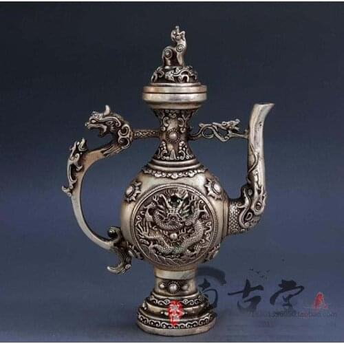 TOP collection # Home OFFICE Decor art -old Vintage CHINA The nobility silver dragon sculpture ART silver plating WINE pot