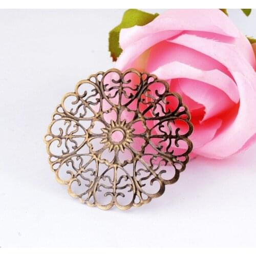 MIAOCHI 30Pcs Bronze Tone Flower Filigree Round Wraps Connectors Metal Crafts Gift Decoration DIY Findings 51mm J0026