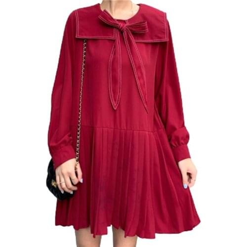 PERHAPS U Autumn Girls Preppy Sweet Bow Solid Square Collar Lantern Sleeve Pullover Pleated Loose Short Mini Dress Cute D3086