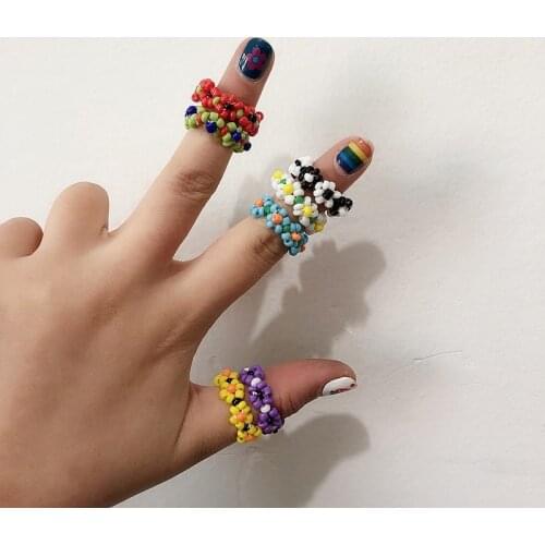 Trendy Girl Korean Fashion Handmade Multi-color Small Flowers Rice Beads Rings For Women Stretch Weave Style Ring Party Jewelry