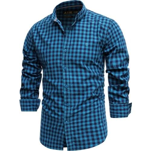 2021 Spring New 100% Cotton Plaid Shirt Men Slim Fit Mens Dress Shirts Brand Long Sleeve Black Shirt High Quality Shirts for Men