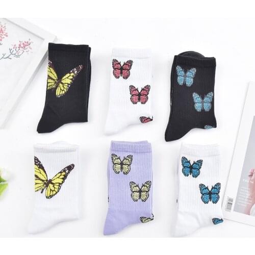 New Butterfly Socks Women Streetwear Harajuku Crew Kawaii Stripe Fashion Ankle Funny Cotton Embroidered Expression