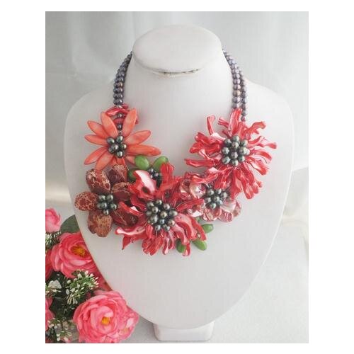Perfect African Black Freshwater Pearl Multicolor Shell Flower Jewelry Necklace For Wedding Handmade New Free Shipping