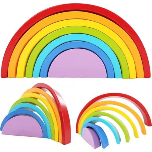Rainbow Colorful Wooden Building Blocks Montessori Toys Arch Bridge Large Wood Assemble Block Baby Educational Toy For Children