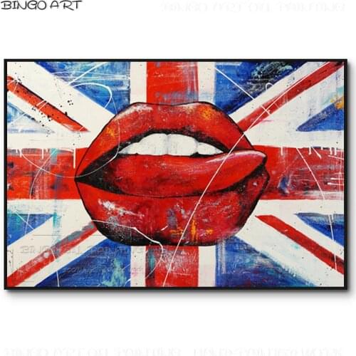 Hand-painted Special Wall Picture The UK Flag And Sexy Lips Oil Painting Special Art Design United Kingdom Flag Oil Painting