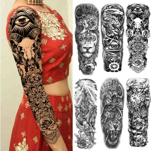 Triangle Eye Ttibal Temporary Tattoos For Women Men Adult Lion Flower Tattoo Sticker Full Arm Sleeve Fake Black Tatoos Decals