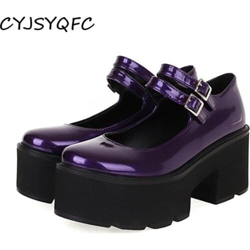 CYJSYQFC Autumn Women Patent Leather Chuny Heels Mary Janes Round Toe Buckle Strap Thick Bottom Comfy Pumps Student Lolita Shoes