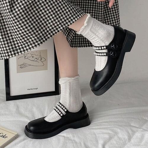 Lolita Shoes Beading Mary Janes Shoes Square Toe Oxford Shoes Double Buckle Woman Shoes Pearls Princess Shoe zapatos mujer 9188L