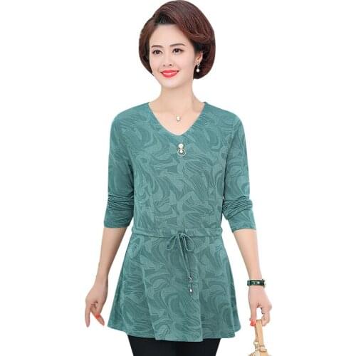 Long Sleeve T-Shirt Middle Age Women Clothing 5XL Plus Size Pullover V-neck Tshirt Mother Tunic Tee Tops