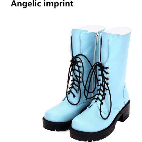 Angelic imprint mori girl Women punk boots lady lolita shoes woman princess mid heels dress pumps lace up 5cm red blue color