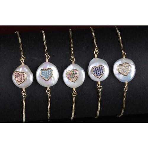 Multi white fuchsia mint dark blue cz pave heart charm natural freshwater pearl bead link bracelet for women dainty jewelry gift