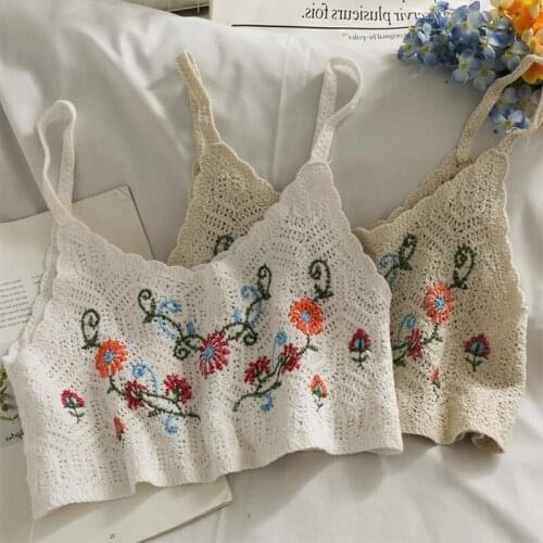 Women Summer Spaghetti Strap Crop Top Beach Holiday Crochet Knit Camisole Floral Embroidery V-Neck Boho Bustier Vest