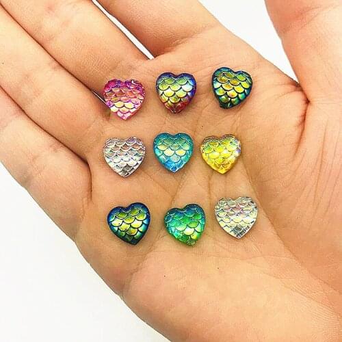 40 Pieces Mixed Colors Heart Mermaid Scales 10mm Flatback Resins Kawaii Cabochons Charms Embellishments