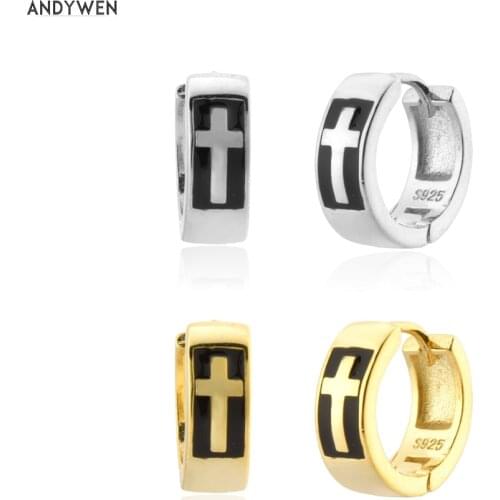 ANDYWEN 925 Sterling Silver Gold 9mm Cross Enamel Black Huggies Women Luxury Loops Fine Jewelry Rock Punk Gift Rock Punk Jewels