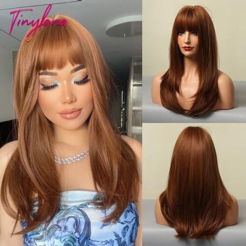 TINY LANA Light Brown Synthetic Wigs with Full Bangs Long Silky Straight Wigs For Women Cosplay Party Daily Heat Resistant Fiber