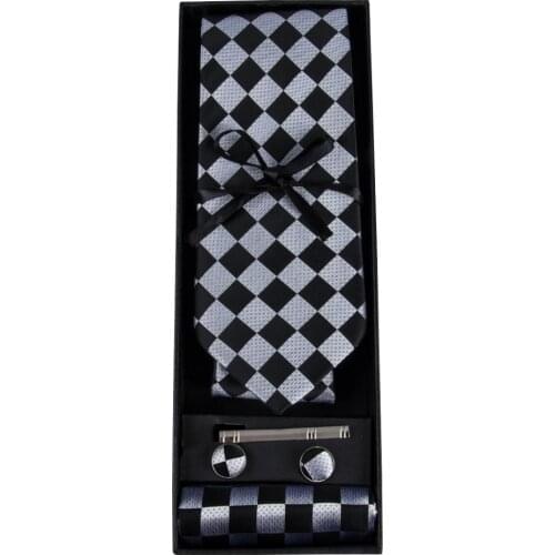 GB-1441 Barry.Wang New Black Novelty Necktie Set & Gift Box Jacquard Woven Silk Hanky Cufflink Ties For Men Business Party Groom