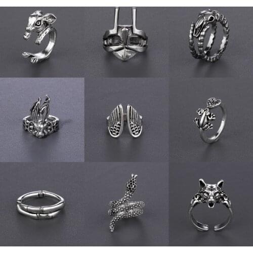 Vintage Mens Ring Dog Owl Snake Animal Opening Adjustable Gothic Punk Rings Hip Hop Jewelry