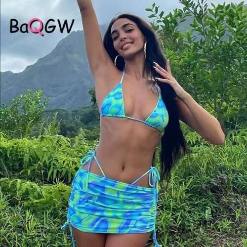 BaQGW Sexy Bandage Halter Print Two Piece Sets Women Backless Sexy Hot Tops+Drawstring Stacked Skirts Summer Vacation Outfits