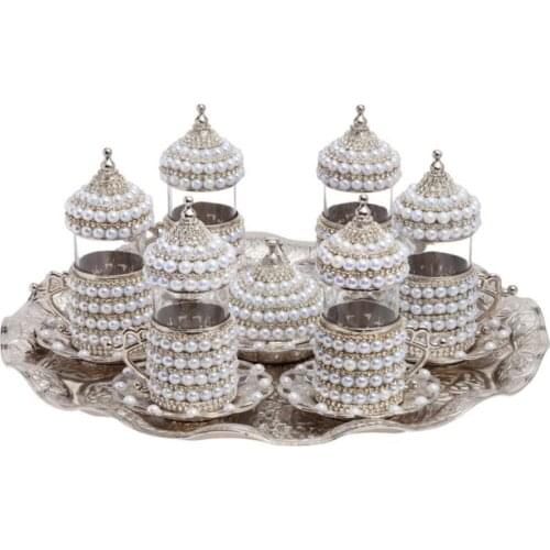 Pearl Stone Coated Unique Silver Tea Glasses Set, Arabic Tea Set, Arabic Tea Glasses