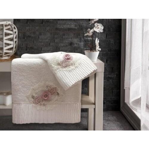 Cotton With Pearls 3D Bath Set Flower Cream