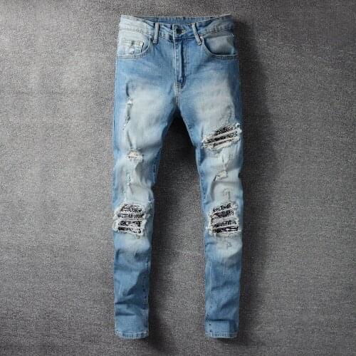 2021 New mens male trousers fashion brand blue patch ripped jeans mens trend personality stretch slim denim pants