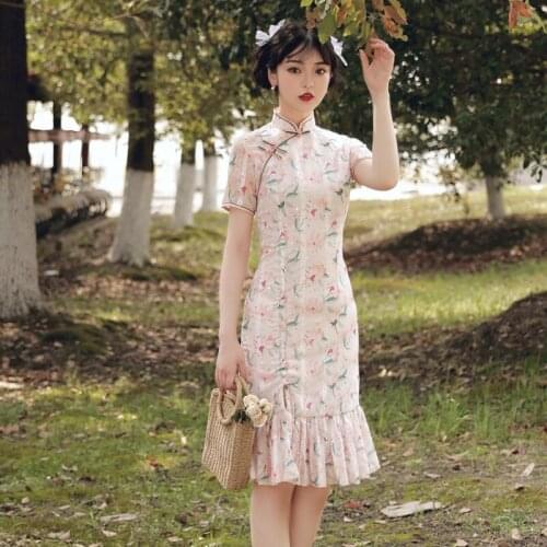 2021 New Retro Fishtail Cheongsam High Quality Slim Sexy Split Ends Qipao Lady Cheongsam Chinese Style Summer Dresses for Women