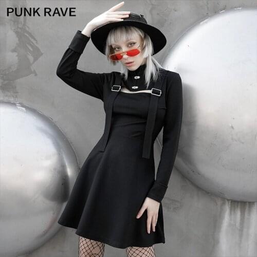PUNK RAVE Girls Dark Long-sleeved Hollow Sexy A-line Short Dress Punk High-waist Personality Casual Female Dresses Spring