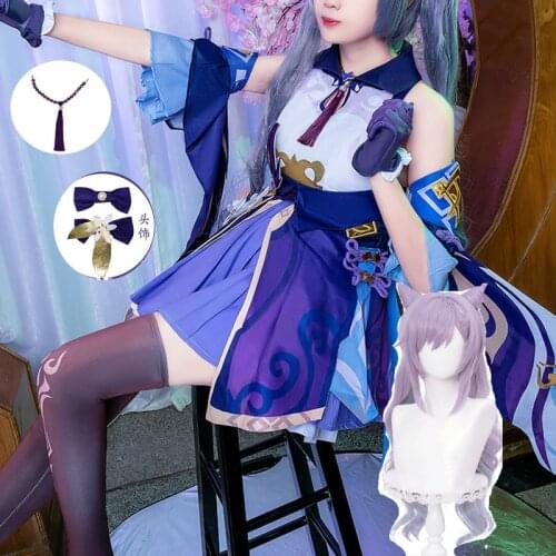 Anime Game Genshin Impact Keqing Cosplay Halloween Cosplay Genshin Ke Qing Impact Cosplay Wig Hair Clothing Accessories adult