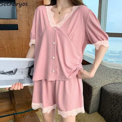Summer Pajamas Women Fashion Cozy Lace V-neck Pajama Sets Female Sweet Korean Style Thin Short Sleeve Sleep Wear Skin-friendly