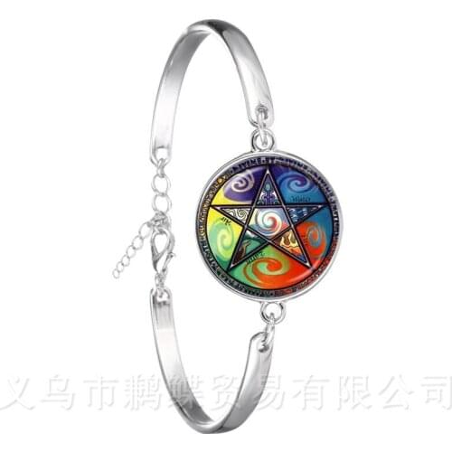 Silver Plated Bracelet Occult Inverted Star Sign Pentagram Satanic Pentagram Star Symbols Glass Dome Bangle For Women Jewelry