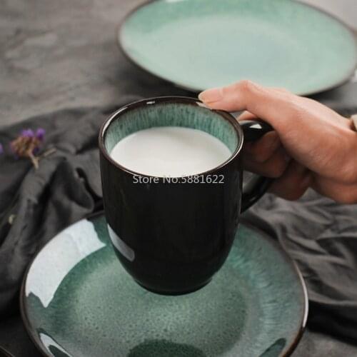 European Style Simple Peacock Pattern Dinnerware Set Kiln Glazed Dish Ceramic Soup Salad Bowl Steak Plate Disc Mug