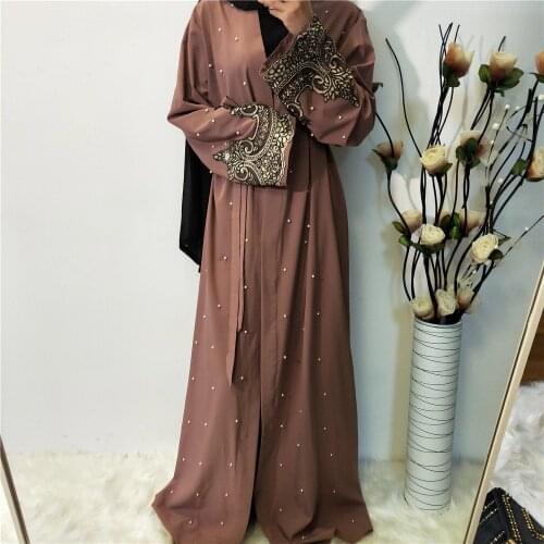 Ramadan Muslim Women Abaya Bead Appliques Islamic Open Kimono Cardigan Arab Jilbab Maxi Robe Gown Turkish Middle East Party New