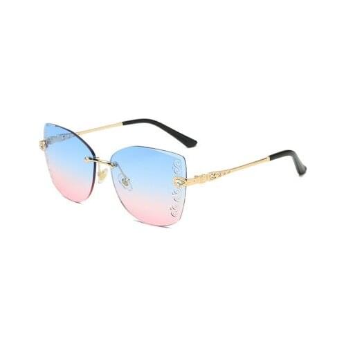 Luxury Rhinestones Curved Flower Diamond Rimless Sunglasses Women Oval Gradient Metal Glasses
