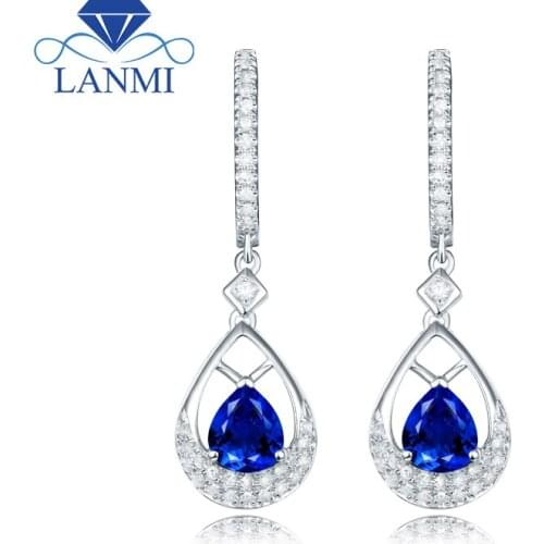 Loving Pear 5x6mm 14kt White Gold Natural Blue Sapphire Earrings Drop Earrings for Wife Christmas Fine Jewelry Gift WE050