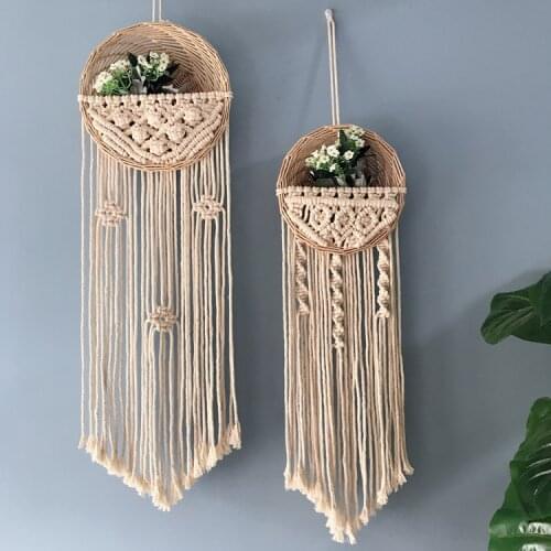 Nordic Knitted Basket Tapestry Rattan Wall Pendant Flower Pot Hanging Basket Rope Woven Flower Basket Room Background Wall