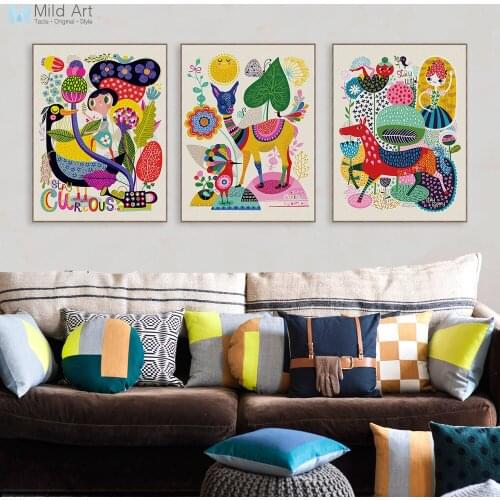 Modern Color Flowers Animals Deer Horse Llama Poster Prints Baby Kids Room Wall Art Pictures Home Decor Canvas Painting No Frame