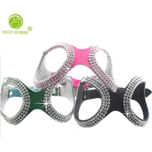 Pet Products New Design Genuine Cow soft Leather Fashion Bling Rhinestone Dog Harness for Small Dogs Chihuahua Rose Black Green