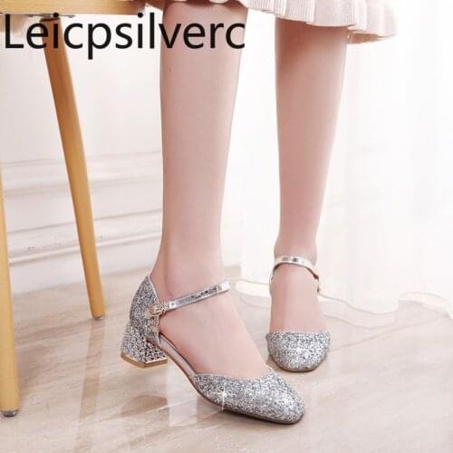 Pumps Spring and autumn The New Square head Shallow mouth Sequin Buckle Thick heel mid heel Womens shoes plus size 30-43