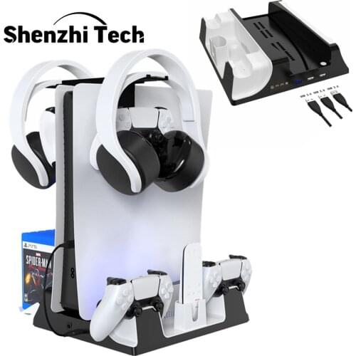 Vertical Stand for PS5 Console Cooling Fan Charging Station Dock PS5 Headset Holder Game Storage with Dual Controller