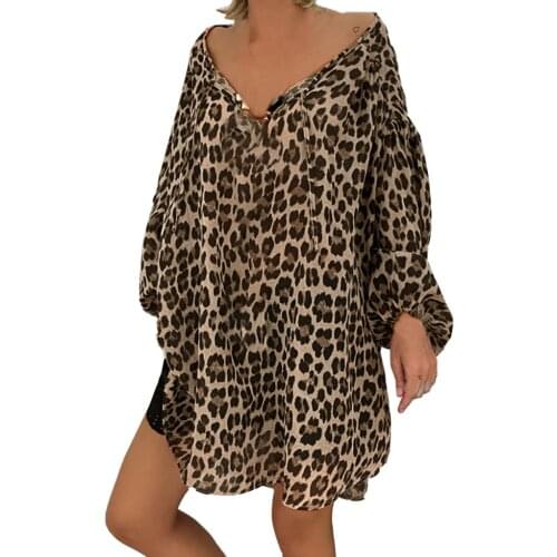 Plus Size Loose Leopard Print Long Sleeve Women Blouses V-neck Pullover Tops Shirt Dames Overhemd Spring Autumn Женское Платье 3